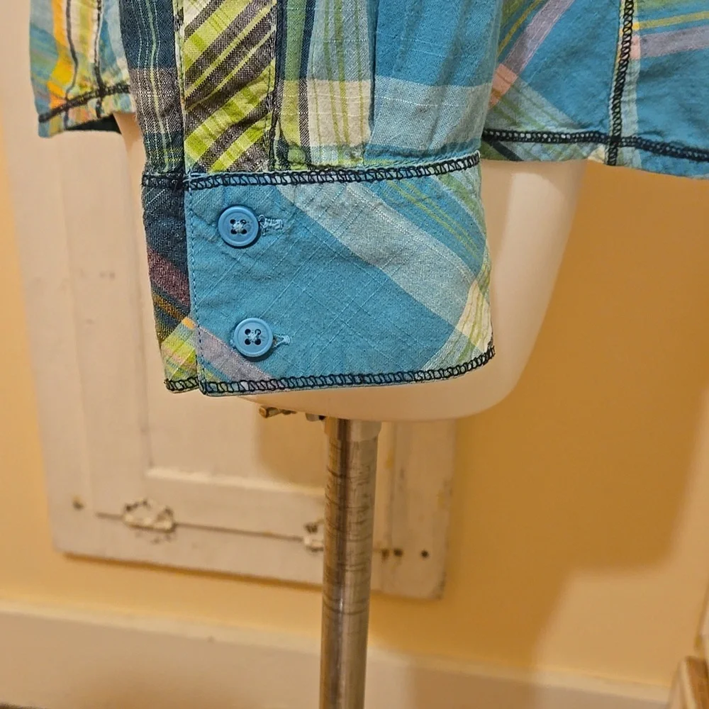 Columbia green and yellow plaid cotton button-down shirt Sz XL - Picture 6 of 10